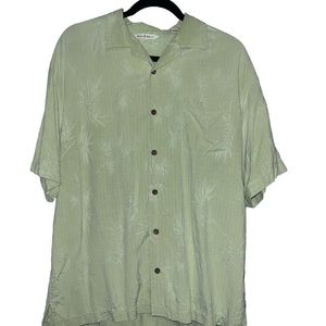 Tommy Bahama Silk Mens Shirt M Pale Green w Palm Leaves Emboss Button Down